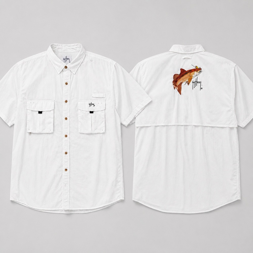 Guy Harvey AFTCO Bluewater Mens‎ XL White Fishing Shirt Redfish Embroidered